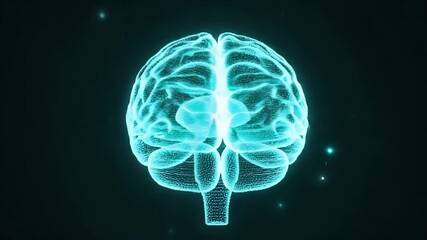 Glowing neon blue digital brain hologram rotating slowly on black background with subtle particle - Powered by Adobe