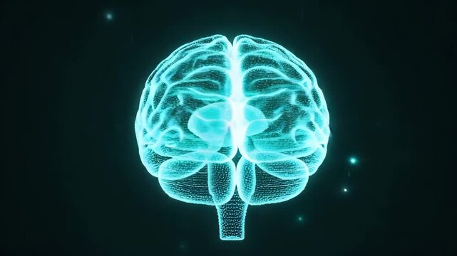 Glowing neon blue digital brain hologram rotating slowly on black background with subtle particle - Powered by Adobe