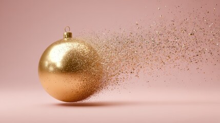 Golden christmas ball ornament disintegrating into glitter on pink background for festive season