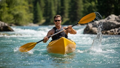 Man kayaking on river during summer surrounded by trees