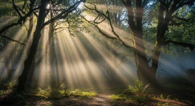 Sunlight Filtering Through Trees in a Lush Forest.