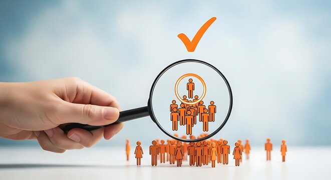 Finding ideal candidate for hr recruitment with magnifying glass checkmark.