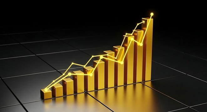 Golden bar graph with glowing line shows upward trend of business growth - Powered by Adobe