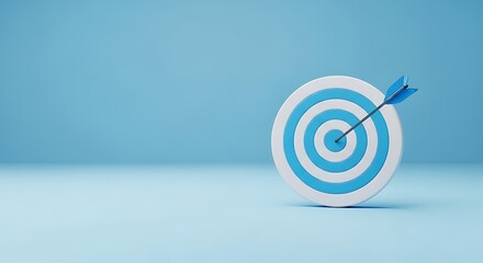 Target board with an arrow precisely hitting the bullseye on a light blue background.