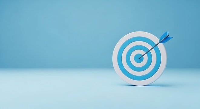 Target board with an arrow precisely hitting the bullseye on a light blue background.
