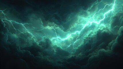 A mesmerizing view of stormy clouds illuminated by vibrant green lightning.