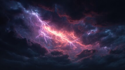 Dramatic stormy sky with vivid lightning illuminating dark clouds.