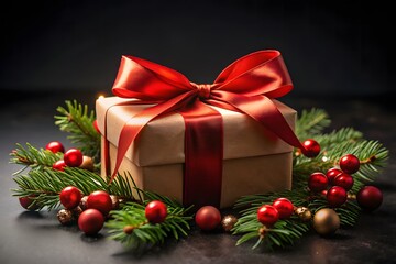 Wrapped Christmas Gift with Red Ribbon and Festive Greenery