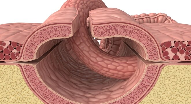 Intussusception Medical Illustration of Bowel Telescoping or Invagination of Intestine Causing Obstruction and Digestive Complications 3d Rendering Close Up View