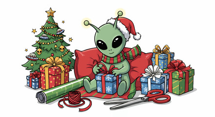 A cheerful green alien wearing a Santa hat sits among Christmas presents, wrapping a gift near a decorated tree.