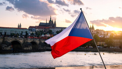 Czech Republic Flag Waving Over Prague Castle and St. Vitus Cathedral at Sunset – A Cinematic Showcase of National Identity, Cultural Heritage, and Historic Architecture in Ultra HD with Dramatic Sky
