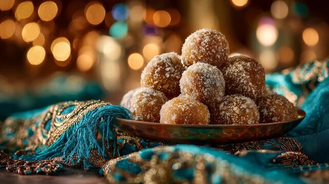 Delicious Indian sweets laddu served on a ornate plate background
