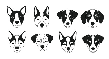 Fototapeta premium Vector illustration of eight charming black and white dog faces, some with eyes open and some closed, against a clean white background.