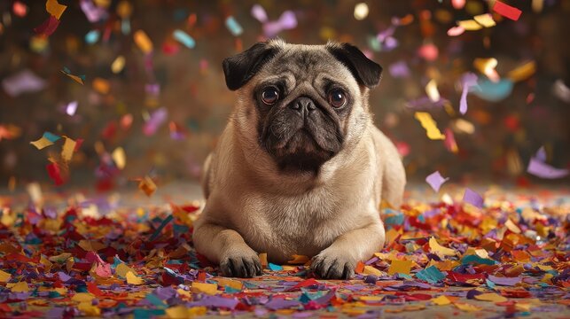 attentive pug dog sitting amid colorful confetti at a birthday party with copy space celebrating a festive occasion fun pet photography for advertising and promotional concepts