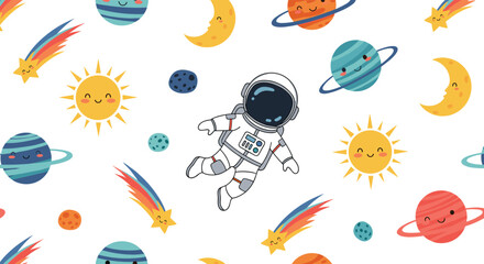 Naklejka premium Cute cartoon space pattern with astronaut, planets, sun, moon, and comets floating on a white background.
