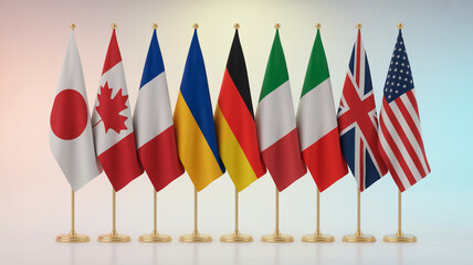 High-resolution digital illustration of nine national flags on elegant golden poles, fluttering realistically with soft studio lighting, natural shadows, premium detail.