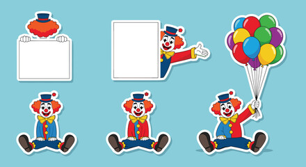 Fototapeta premium Collection of cute cartoon clowns in various poses, some holding blank signs and colorful balloons, isolated on a light blue background.