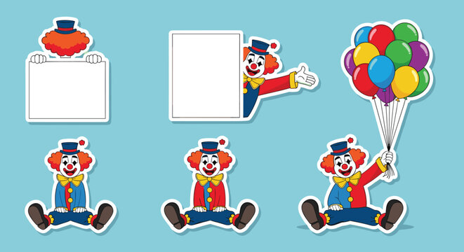 Collection of cute cartoon clowns in various poses, some holding blank signs and colorful balloons, isolated on a light blue background.