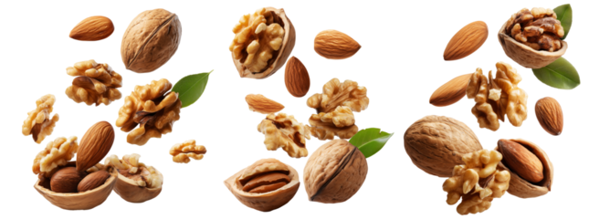 Whole and cracked walnuts with almonds and fresh green leaves, isolated on white background, concept of healthy eating