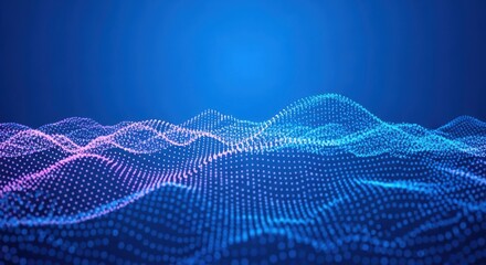 Abstract digital background with glowing blue particle wave surface creating a dynamic, futuristic, and technological landscape under a deep blue sky or water surface, suitable for data visualization 