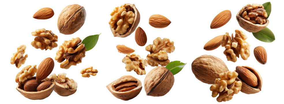 Whole and cracked walnuts with almonds and fresh green leaves, isolated on white background, concept of healthy eating