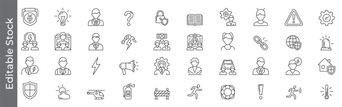 Crisis management, risk assessment signs and emergency Response line icon set – editable outline symbols of shield, Security, alert, warning, siren, lock, rescue and safety