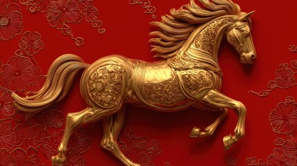 golden ornamental horse on red background with happy new year 2026 text chinese zodiac animal for lunar new year oriental celebration