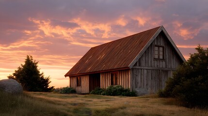 A rustic weathered wooden cabin bathed in the warm vibrant colors of a dramatic sunset sky