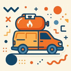Naklejka premium Colorful minimalist illustration of a gas delivery vehicle with a propane tank on top surrounded by geometric shapes and engaging design elements representing logistics efficiency and