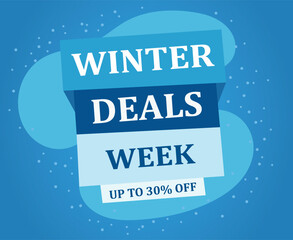 Winter sale promotional banner. Blue seasonal discount layout with bold text and abstract shapes. Modern winter deals week. vector illustration.