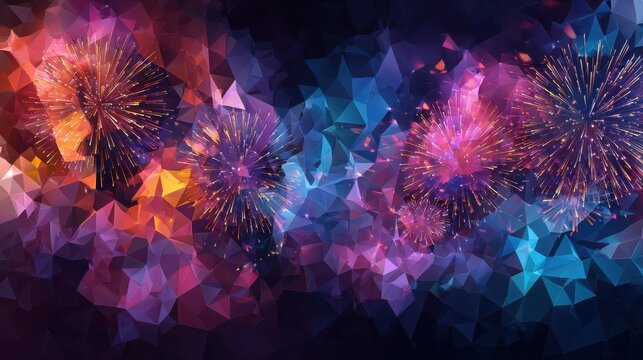 celebrate arrival of 2025 with this vibrant happy new year banner featuring colorful fireworks and dynamic geometric shapes its perfect way to express joy and excitement