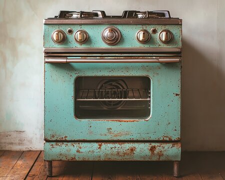 Vintage aqua oven with rust, knobs, and interior rack against a wall - Powered by Adobe