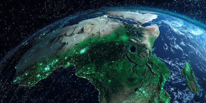 the earth seen from space, with the african continent highlighted in green, stars and blue light all around. - Powered by Adobe