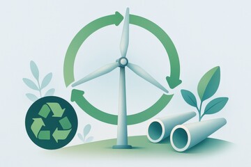 Obraz premium Renewable energy dynamics featuring a wind turbine, recycling symbol, green plant, and industrial pipes illustrating sustainable technology innovations in energy management