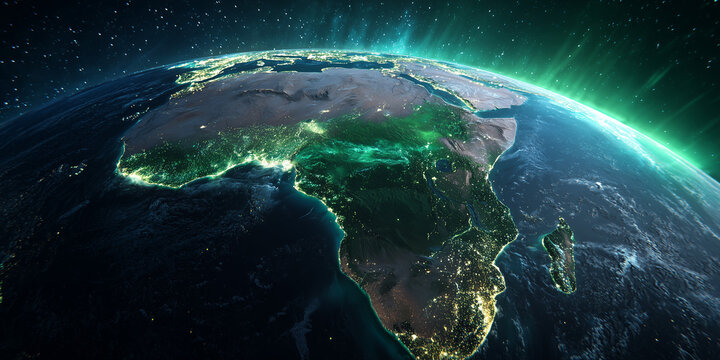 the earth seen from space, with the african continent highlighted in green, stars and blue light all around.
