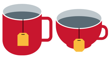 Tall and low red tea cup with yellow tea bag. A cup of coffee or tea, a hot drink for breakfast. Flat vector illustration isolated on white background.