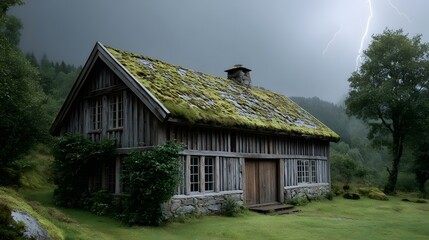 Obraz premium Rustic wooden cabin with a mossy roof under a dramatic stormy sky with lightning