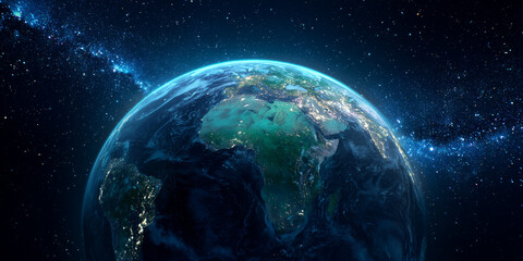 Fototapeta premium the earth seen from space, with the african continent highlighted in green, stars and blue light all around.