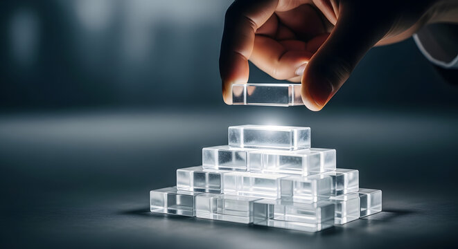 Hand placing a clear block on a pyramid of blocks against a dark background with soft lighting