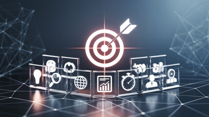 High-tech digital marketing business concept, glowing target with arrow, connected network, floating metallic icons, light bulb, globe, graphs, handshake, user profile.