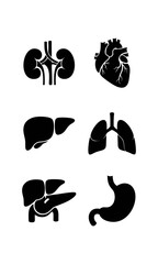 Black silhouette icons of vital human internal organs, including kidneys, heart, liver, lungs, pancreas, and stomach, designed for medical, biology, and anatomy illustrations