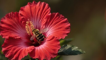 A Bee Pollinating a Vibrant Red Hibiscus Flower in Natural Sunlight.