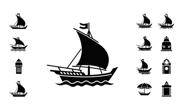 Traditional Dhow Boat Silhouette Vector Illustration.