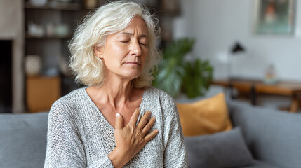 A calm elderly woman practicing mindfulness and relaxation at home, promoting peace and well-being in daily life.