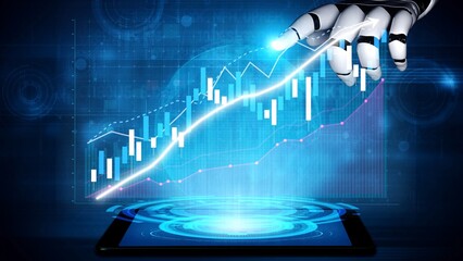 A robotic hand interacts with digital charts on a tablet, illustrating the relationship between...