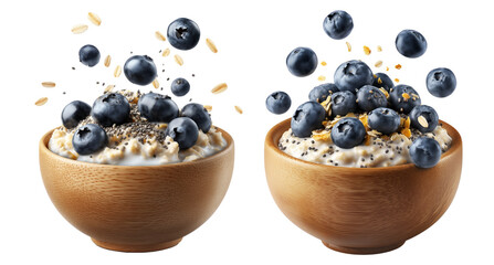 Wooden bowl filled with creamy oatmeal topped with fresh blueberries and chia seeds, isolated on white transparent background