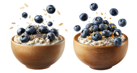 Wooden bowl filled with creamy oatmeal topped with fresh blueberries and chia seeds, isolated on white transparent background
