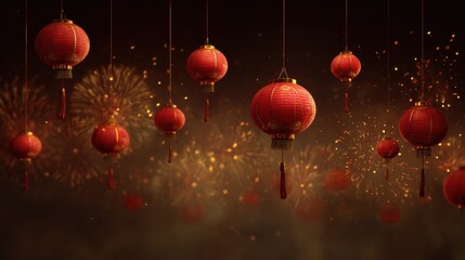festive chinese new year backdrop with red lanterns and golden firework display