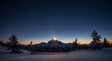 Winter night landscape with a full moon rising majestically over snow-capped mountains and scattered fir trees under a starry twilight sky.