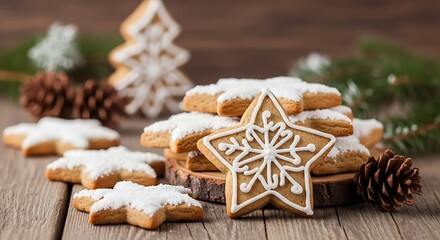 Homemade gingerbread star cookies with white icing and powdered sugar, festive holiday treats on rustic wooden background with pinecones